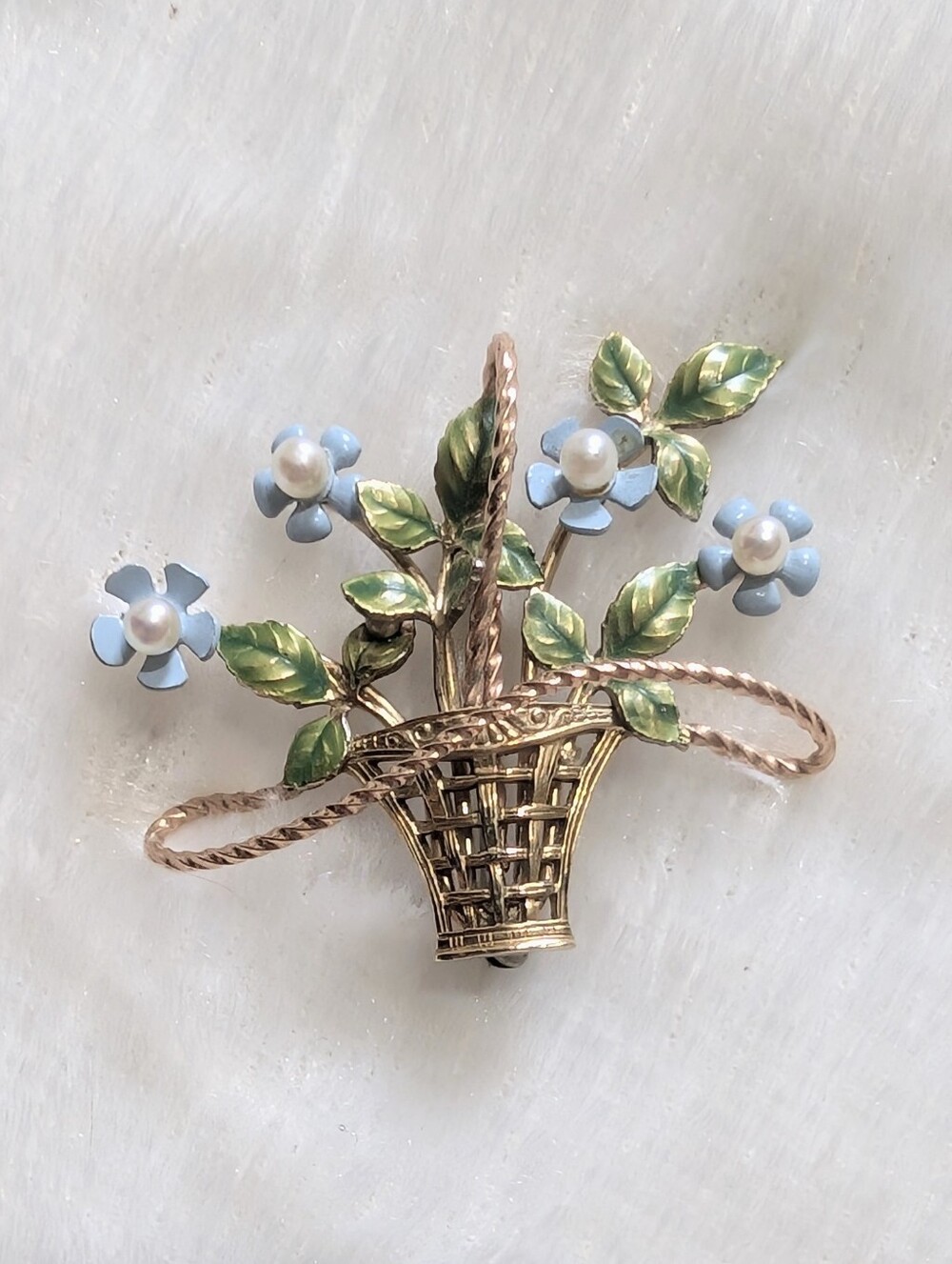 60s Krementz Forget-Me-Not Cultured Pearl Earrings & Pin Brooch Set - Picture 2 of 10